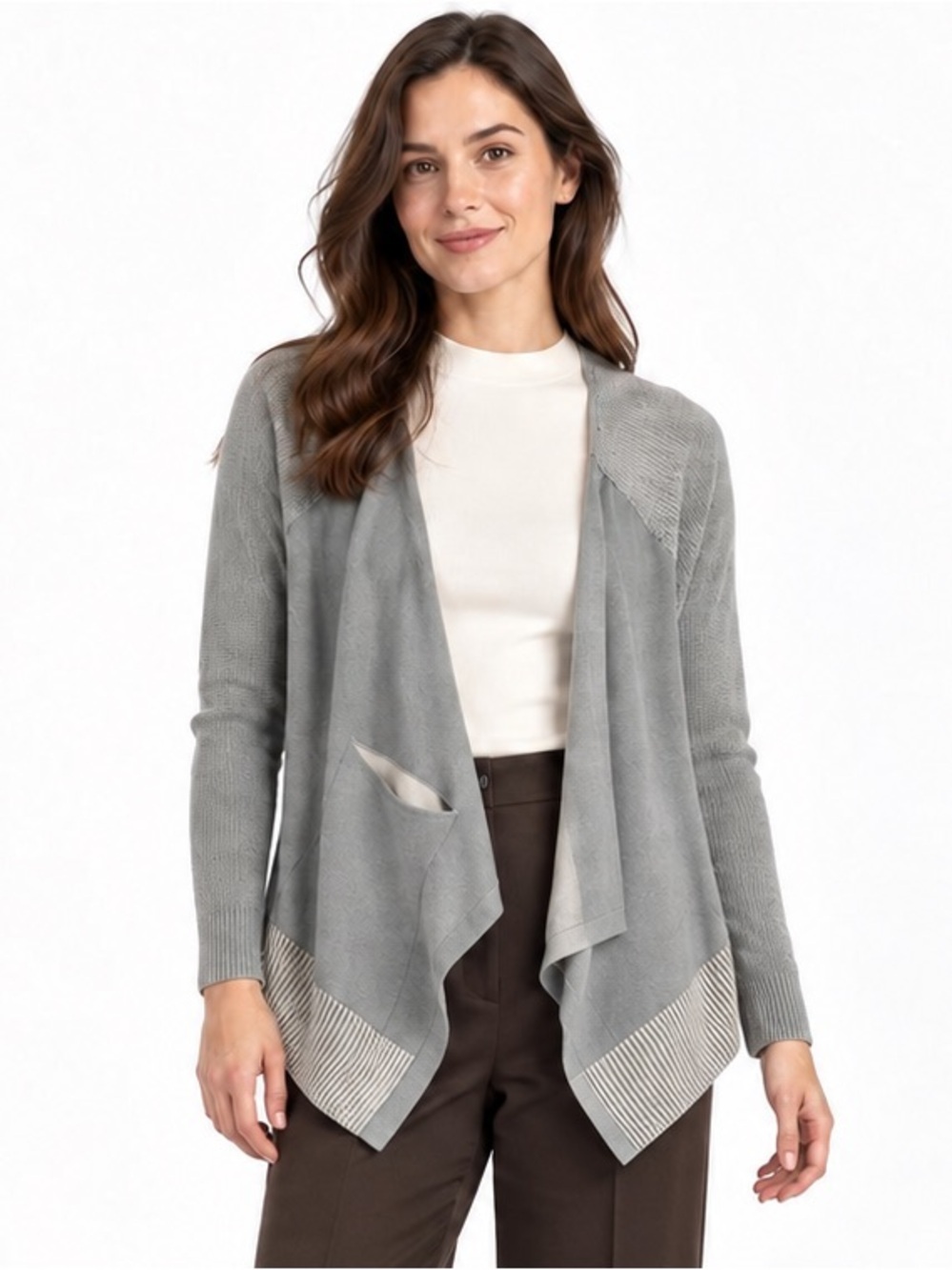 Cabi Pocket Cardigan Sage Green Cotton Waterfall Drape Sweater Medium 5132